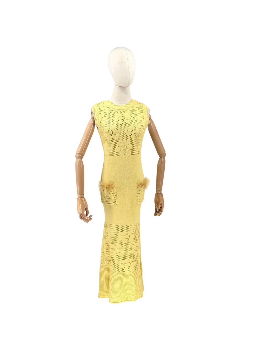Anewsta Pastel Yellow Feather Trim Pocket Mermaid Knit Sleeveless Dress